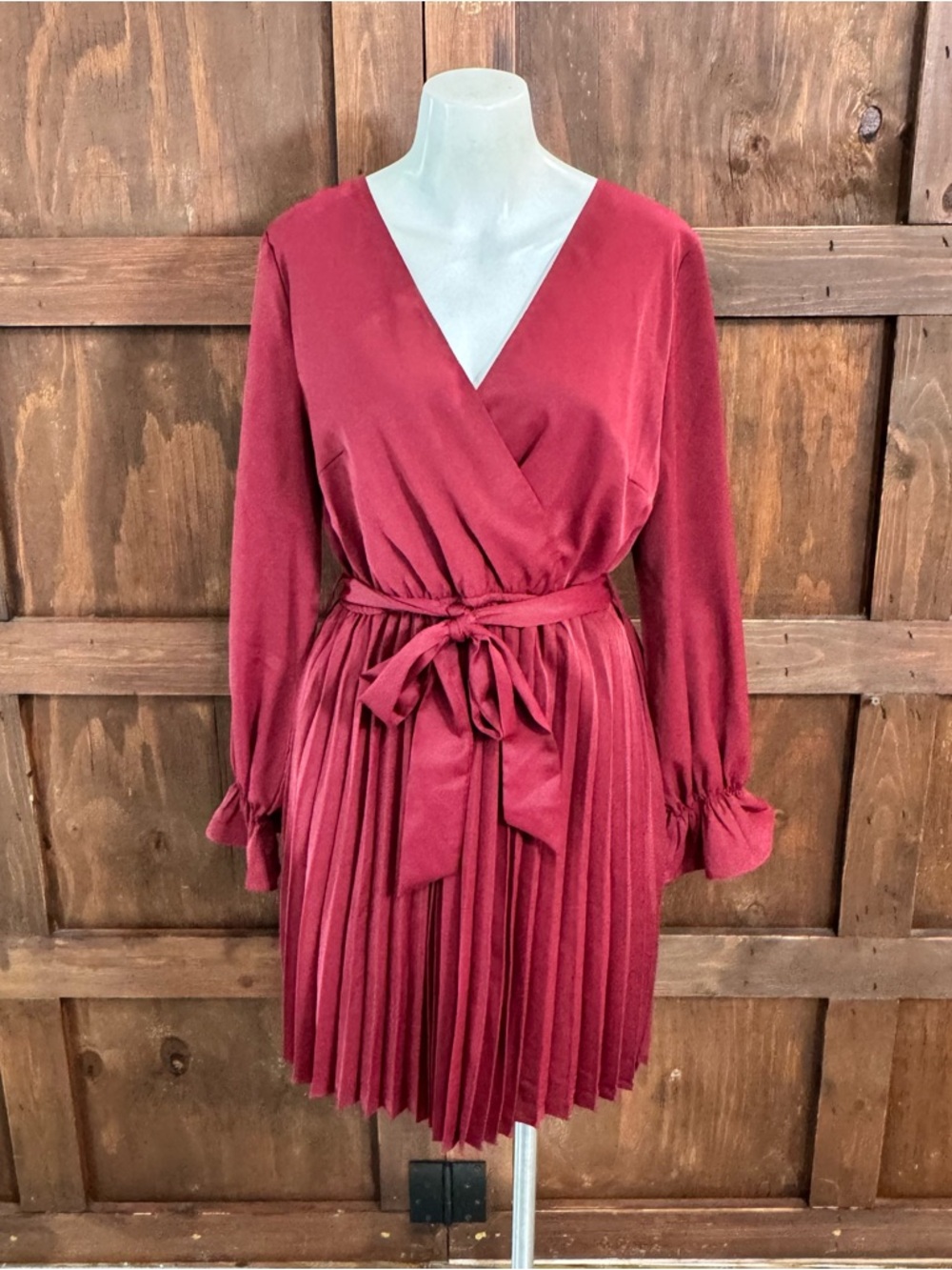 Women’s Deep Red Long-Sleeve Pleated Wrap Dress with Tie Waist